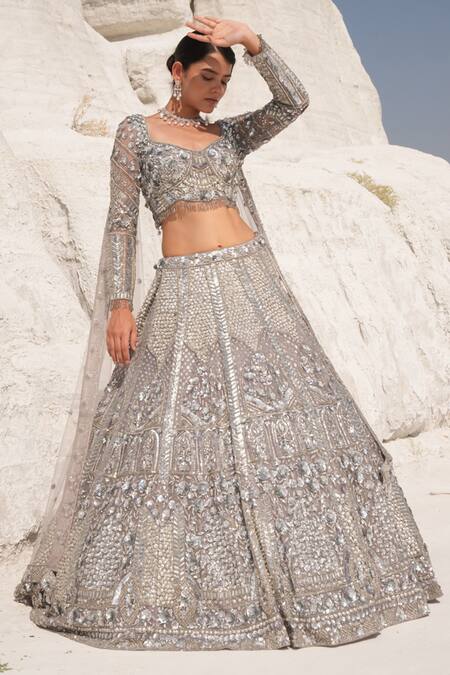 Shop_House Of Sikka_Gray Net Sequins, Embroidery Round Neck Steel Grey Embellished Lehenga Set _Online_at_Aza_Fashions