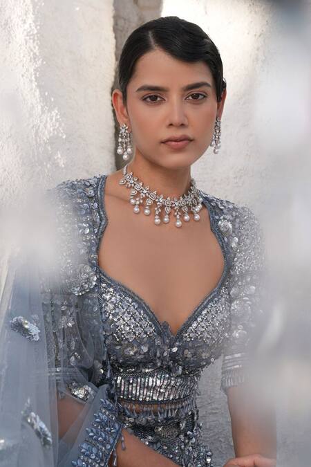 House Of Sikka_Blue Net Sequins, Embroidery, Beads Round Neck Designer Ice Lehenga Set _Online_at_Aza_Fashions