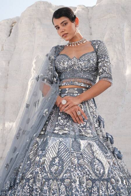 Shop_House Of Sikka_Blue Net Sequins, Embroidery, Beads Round Neck Designer Ice Lehenga Set _Online_at_Aza_Fashions