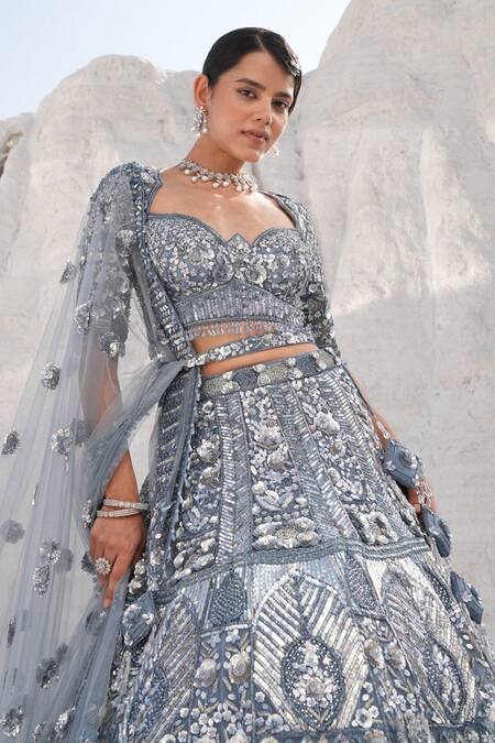 House Of Sikka_Blue Net Sequins, Embroidery, Beads Round Neck Designer Ice Lehenga Set _at_Aza_Fashions