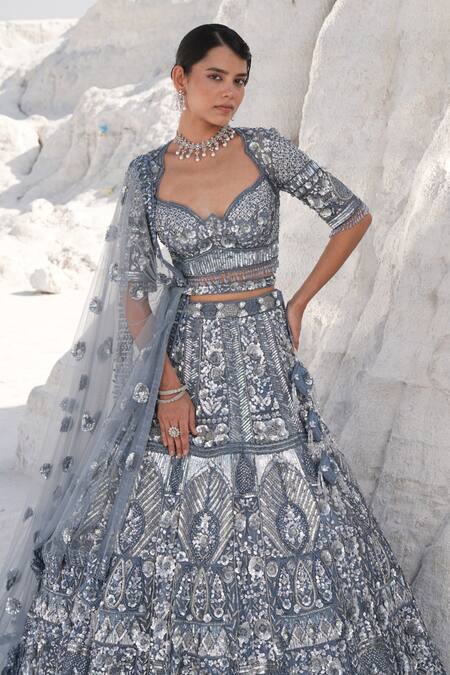 Shop_House Of Sikka_Blue Net Sequins, Embroidery, Beads Round Neck Designer Ice Lehenga Set 