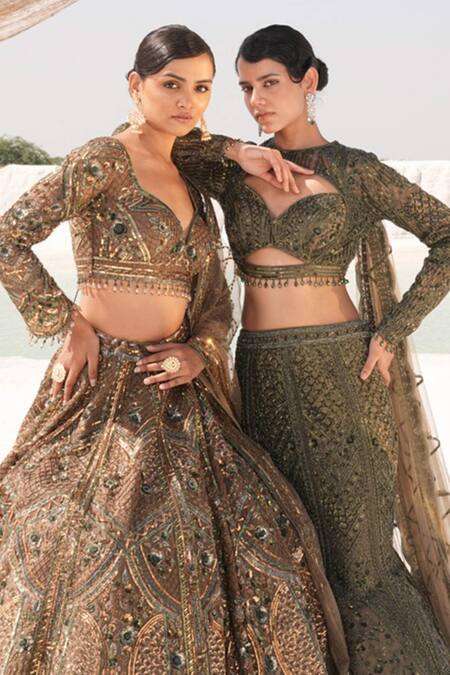 House Of Sikka_Green Net Sequins, Embroidery Round Neck Designer Lehenga Set _Online_at_Aza_Fashions
