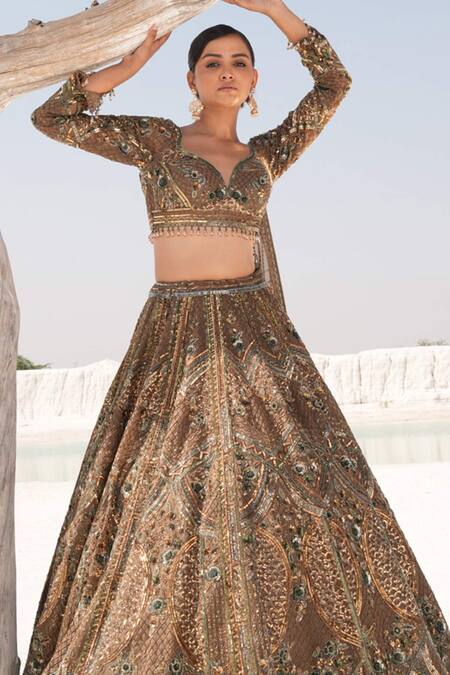 Buy_House Of Sikka_Green Net Sequins, Embroidery Round Neck Designer Lehenga Set _Online_at_Aza_Fashions