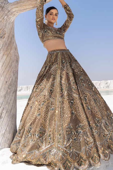 House Of Sikka Green Net Sequins, Embroidery Round Neck Designer Lehenga Set 