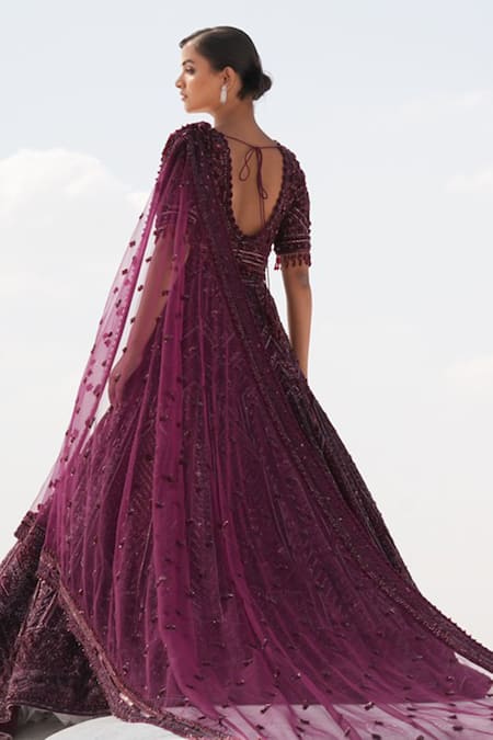 House Of Sikka Wine Embroidered Lehenga Set 