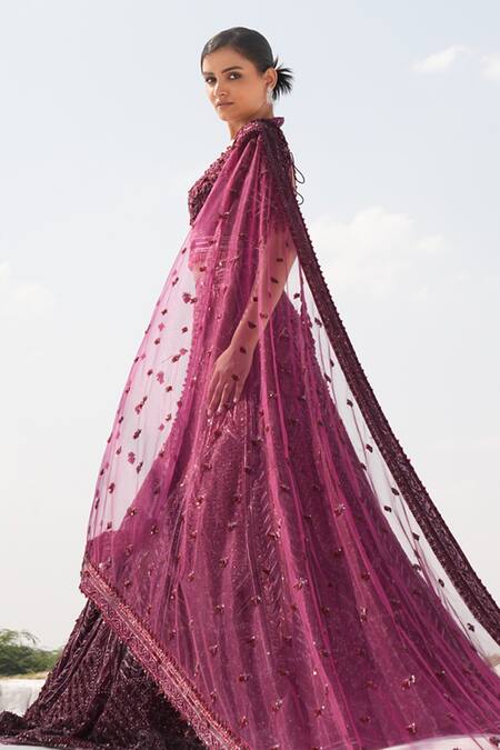 House Of Sikka_Wine Net Sequins, Beads, Embroidery Round Neck Lehenga Set _Online_at_Aza_Fashions