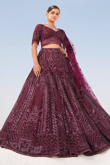 Buy_House Of Sikka_Wine Net Sequins, Beads, Embroidery Round Neck Lehenga Set _Online_at_Aza_Fashions