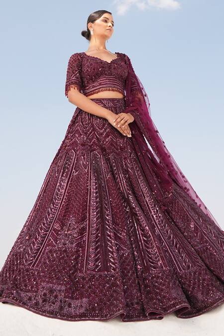 Shop_House Of Sikka_Wine Net Sequins, Beads, Embroidery Round Neck Lehenga Set _Online_at_Aza_Fashions