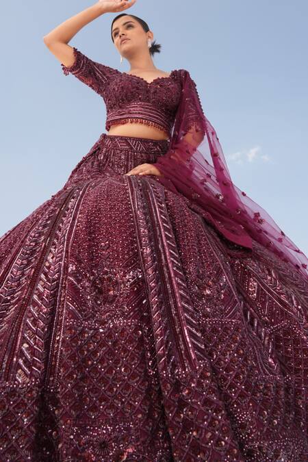House Of Sikka_Wine Net Sequins, Beads, Embroidery Round Neck Lehenga Set _at_Aza_Fashions