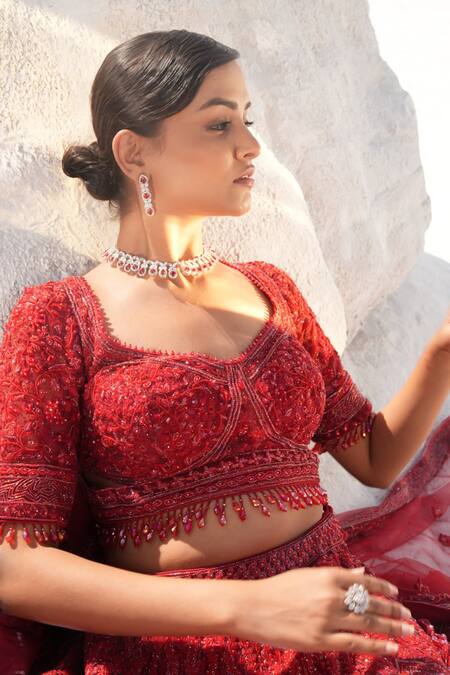 House Of Sikka_Red Net Beads, Sequins, Embroidery Round Neck Rose Designer Lehenga Set _Online_at_Aza_Fashions