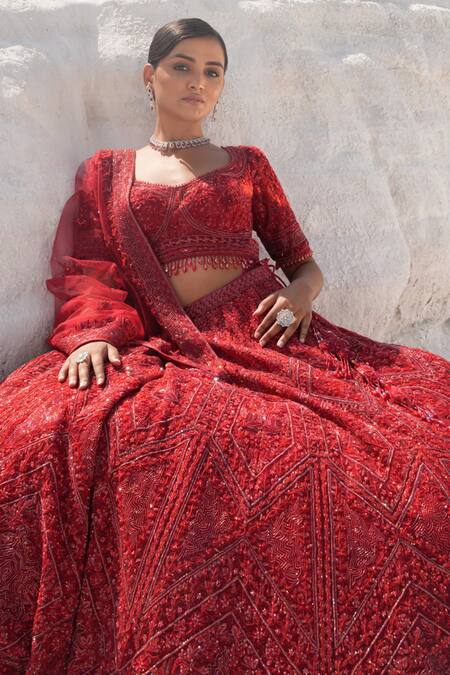 Shop_House Of Sikka_Red Net Beads, Sequins, Embroidery Round Neck Rose Designer Lehenga Set _Online_at_Aza_Fashions
