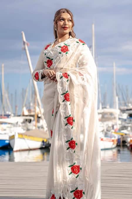 Midushi Bajoria Silver Tissue Saree with Blazer Blouse 