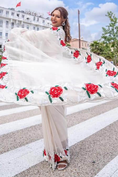 Midushi Bajoria Silver Tissue Saree with Blazer Blouse 