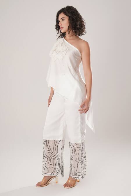 Buy_Atbw_White Modal, Satin Embroidery Designer Palazzo _Online_at_Aza_Fashions