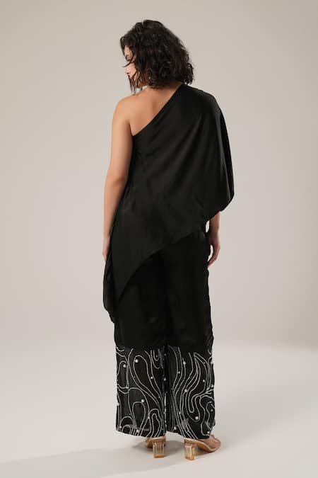 Atbw Black Modal Satin Embroidered Palazzo 