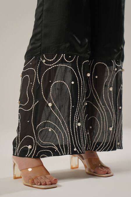 Atbw_Black Modal, Satin Pearls Embroidered Palazzo _at_Aza_Fashions