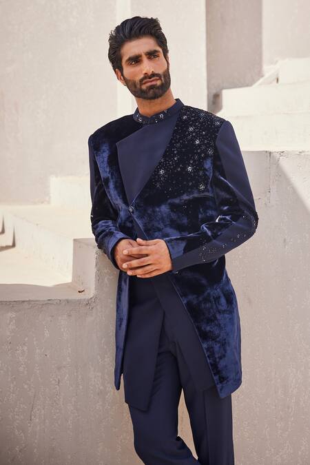 Yajy By Aditya Jain_Navy Silk, Velvet Embroidery Moonlit Mirage Bandhgala Set _Online_at_Aza_Fashions