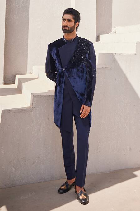 Buy_Yajy By Aditya Jain_Navy Silk, Velvet Embroidery Moonlit Mirage Bandhgala Set _Online_at_Aza_Fashions