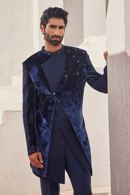 Shop_Yajy By Aditya Jain_Navy Silk, Velvet Embroidery Moonlit Mirage Bandhgala Set _Online_at_Aza_Fashions