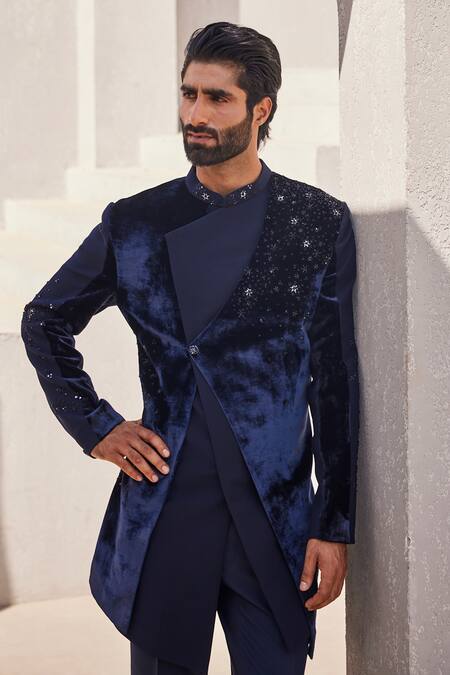 Yajy By Aditya Jain_Navy Silk, Velvet Embroidery Moonlit Mirage Bandhgala Set _at_Aza_Fashions