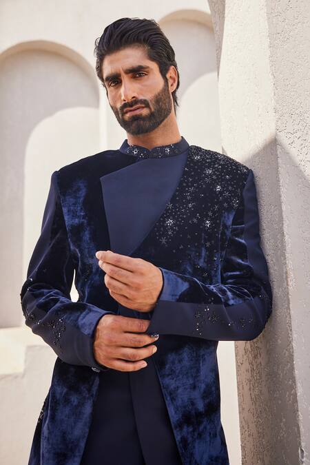 Buy_Yajy By Aditya Jain_Navy Silk, Velvet Embroidery Moonlit Mirage Bandhgala Set 