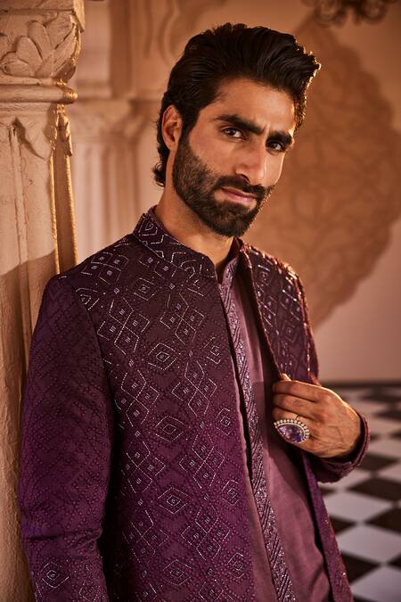 Yajy By Aditya Jain_Purple Silk Embroidery Ethereal Winter Sherwani Set _Online_at_Aza_Fashions