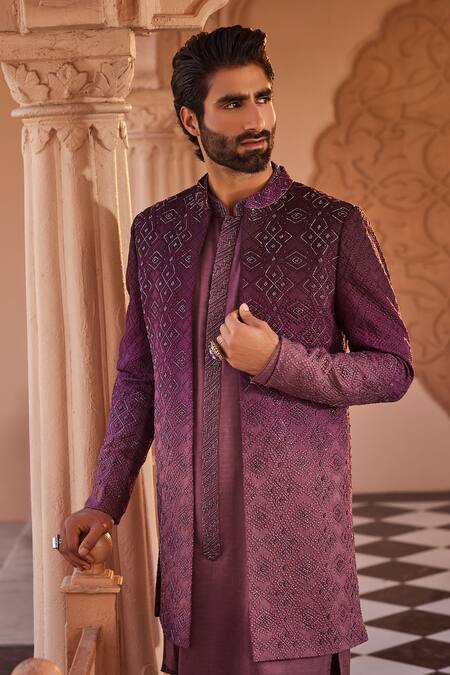 Buy_Yajy By Aditya Jain_Purple Silk Embroidery Ethereal Winter Sherwani Set _Online_at_Aza_Fashions