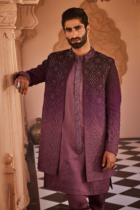 Shop_Yajy By Aditya Jain_Purple Silk Embroidery Ethereal Winter Sherwani Set _Online_at_Aza_Fashions