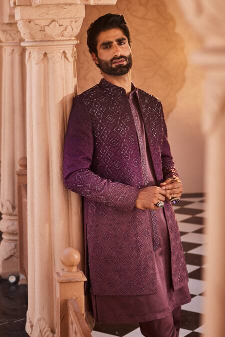 Yajy By Aditya Jain_Purple Silk Embroidery Ethereal Winter Sherwani Set _at_Aza_Fashions