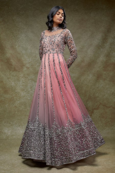 Fatiz Pink Tulle Sequins, Embroidery Round Neck Berry Designer Gown