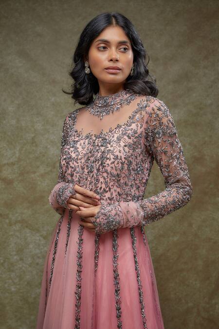 FATIZ_Pink Tulle Sequins, Embroidery Round Neck Berry Designer Gown _Online_at_Aza_Fashions