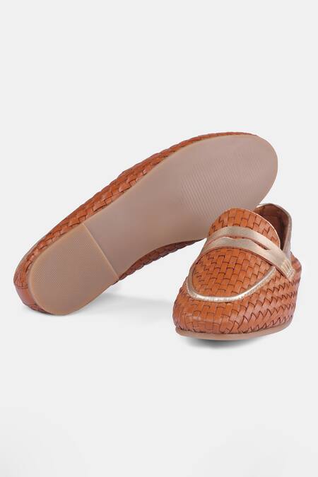 Buy_Heel Your Sole_Tan Penny Strap Woven Loafers _Online_at_Aza_Fashions