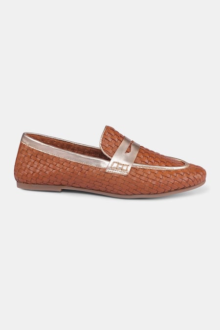 Shop_Heel Your Sole_Tan Penny Strap Woven Loafers _Online_at_Aza_Fashions