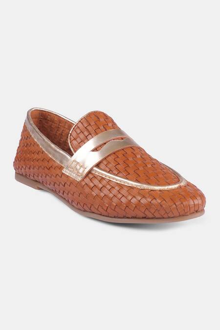Heel Your Sole_Tan Penny Strap Woven Loafers _at_Aza_Fashions