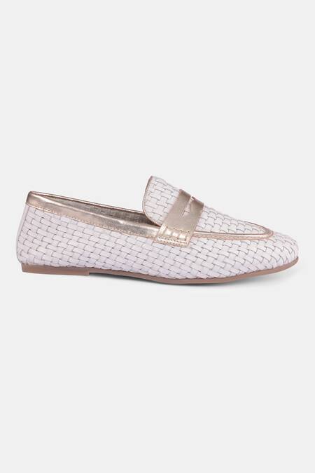 Buy_Heel Your Sole_White And Gold Woven Penny Loafers _Online_at_Aza_Fashions