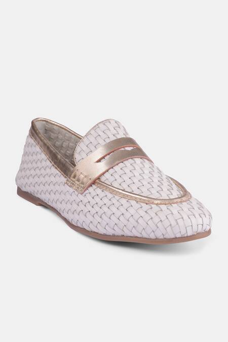 Shop_Heel Your Sole_White And Gold Woven Penny Loafers _Online_at_Aza_Fashions