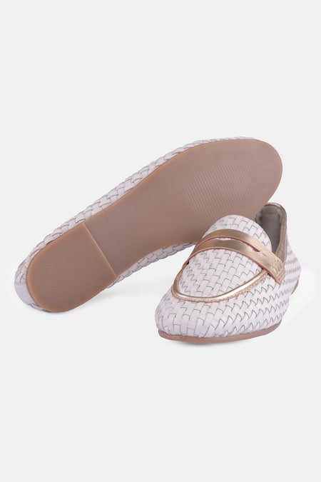 Heel Your Sole White & Gold Woven Penny Loafers 