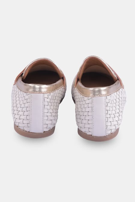 Heel Your Sole_White And Gold Woven Penny Loafers _at_Aza_Fashions