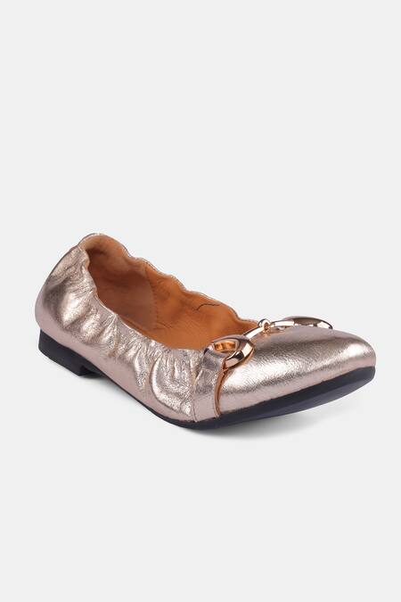 Buy_Heel Your Sole_Gold Floof Genuine Leather Ballerina _Online_at_Aza_Fashions
