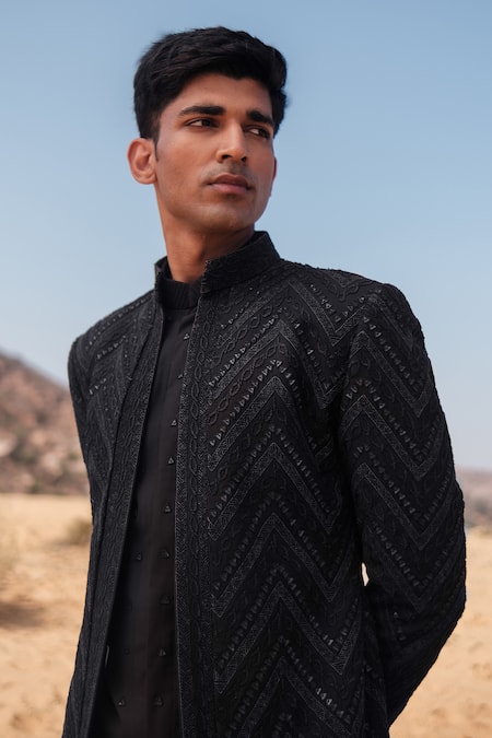 Amaare_Black Cotton Embroidery Chevron Link Open Achkan Set _Online_at_Aza_Fashions