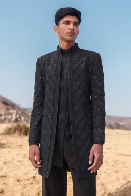 Buy_Amaare_Black Cotton Embroidery Chevron Link Open Achkan Set _Online_at_Aza_Fashions