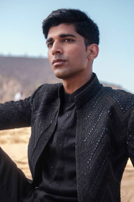 Shop_Amaare_Black Cotton Embroidery Chevron Link Open Achkan Set _Online_at_Aza_Fashions