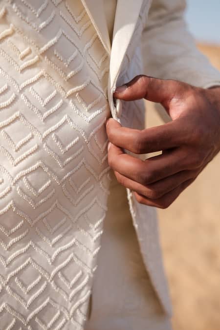 Amaare_Ivory Cotton, Silk Embroidery Designer Tuxedo Set _Online_at_Aza_Fashions