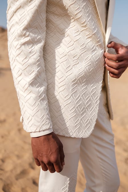 Buy_Amaare_Ivory Cotton, Silk Embroidery Designer Tuxedo Set _Online_at_Aza_Fashions