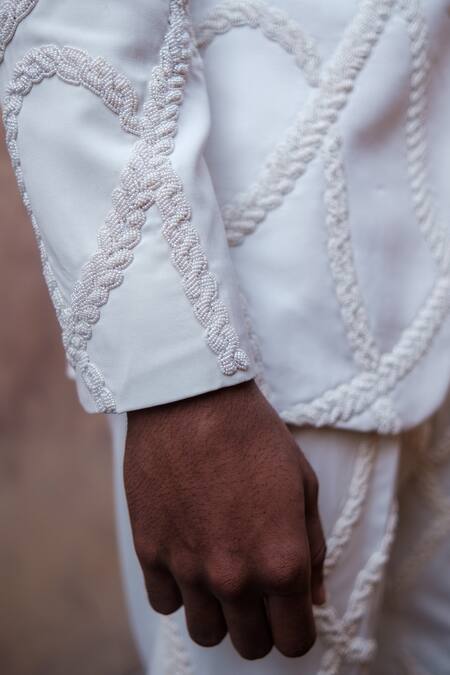 Amaare_Ivory Cotton, Silk Embroidery Psy Cuban Chain Co-ord Tuxedo Set _Online_at_Aza_Fashions