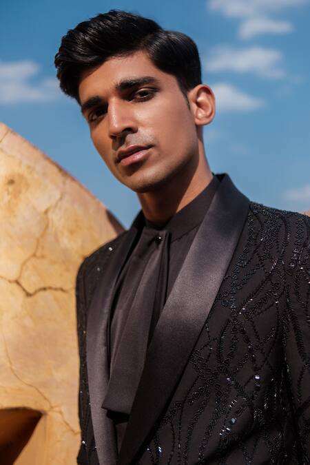 Buy_Amaare_Black Cotton Sequins, Embroidery Designer Ball Chain Tuxedo Set _Online_at_Aza_Fashions