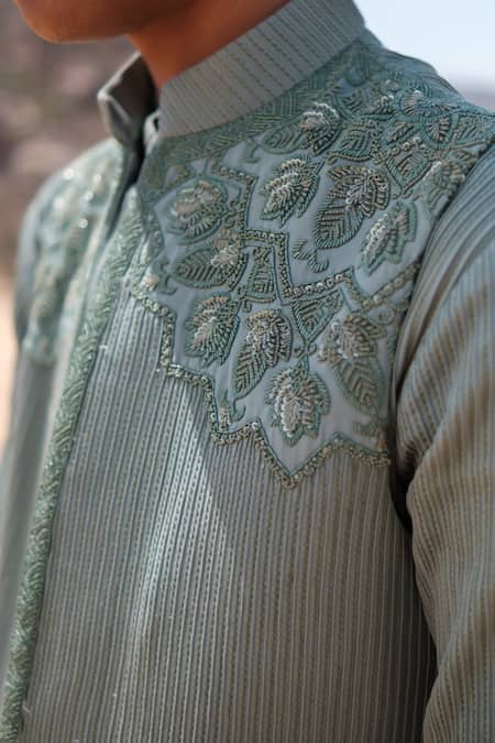 Buy_Amaare_Green Cotton, Silk Embroidery Mandala Nehru Jacket Set _Online_at_Aza_Fashions