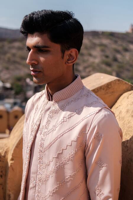 Amaare_Pink Cotton, Silk Embroidery Designer Rover Nehru Jacket Set _Online_at_Aza_Fashions