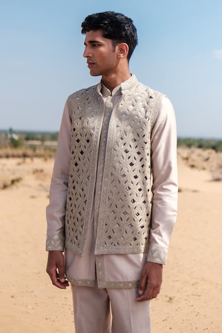 Amaare_Gold Chanderi, Silk Embroidery Interlace Nehru Jacket Set _Online_at_Aza_Fashions