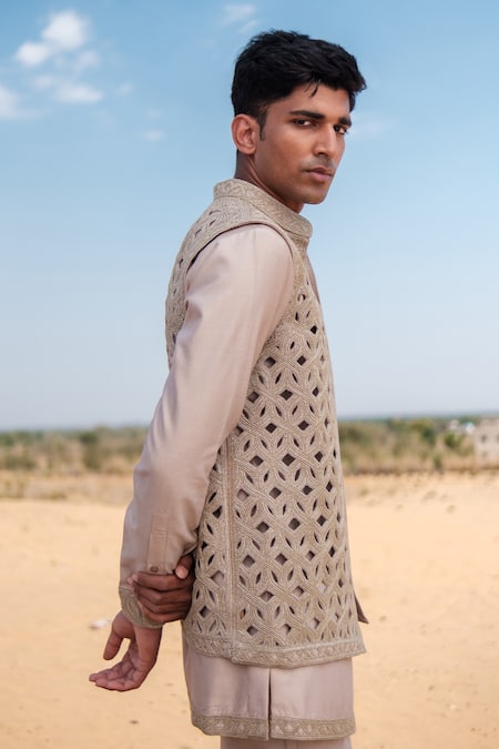 Buy_Amaare_Gold Chanderi, Silk Embroidery Interlace Nehru Jacket Set _Online_at_Aza_Fashions
